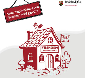 Bild zeigt ein stilisiertes Vereinsheim und den Titel "Steuerbegünstigung von Vereinen wird geprüft"